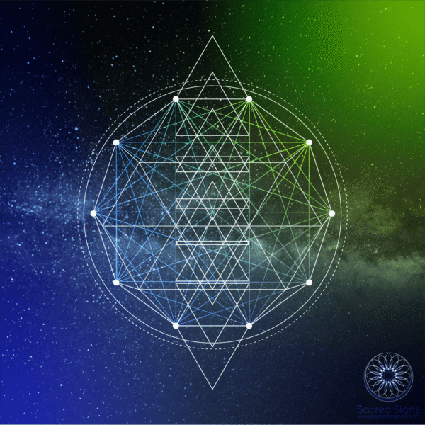 Geometric sacred sign with interconnected lines and nodes against a cosmic background