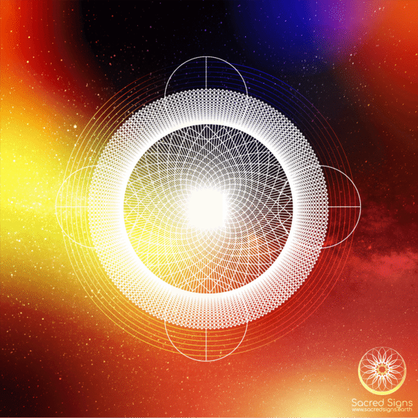 Geometric sacred circle design with intricate lines and vibrant colors
