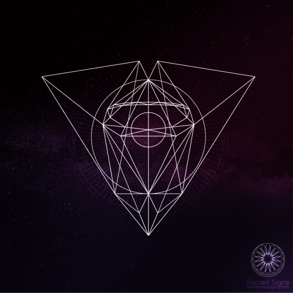 Intricate geometric design representing sacred geometry with a triangular shape and circular elements