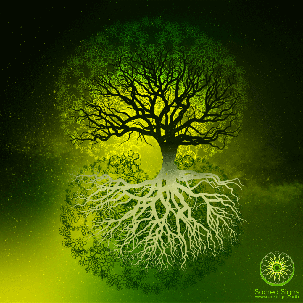 Intricate illustration of a tree with detailed branches and roots