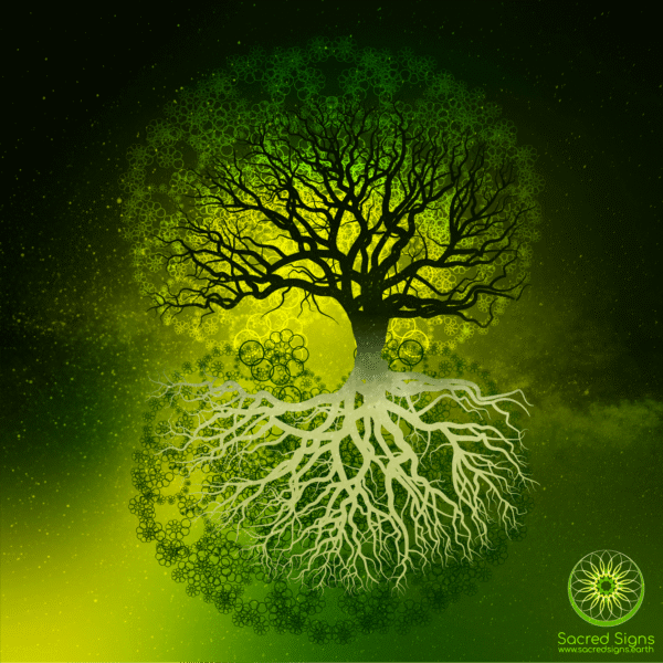 Intricate illustration of a tree with detailed branches and roots