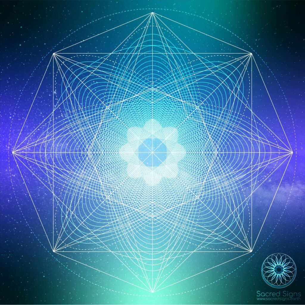 Intricate geometric design featuring a flower of life pattern with vibrant colors and cosmic background