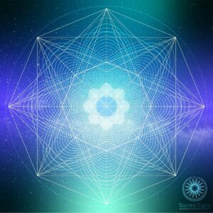 Intricate geometric design featuring a flower of life pattern with vibrant colors and cosmic background