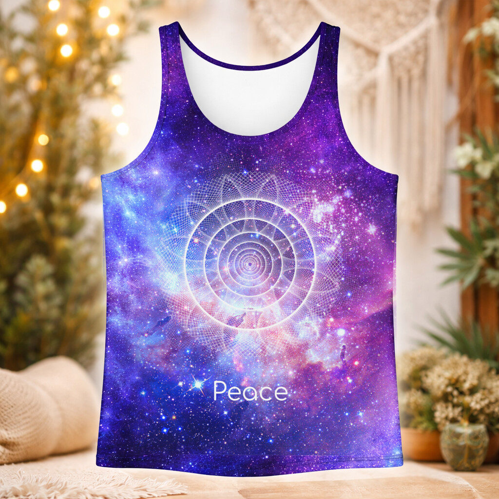 Peace in Motion sacred geometry galaxy tank top