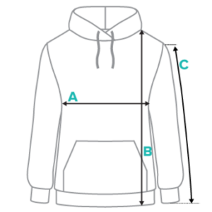 White hoodie size guide diagram with gray outline showing measurement points labeled A and B and an arrow for height and fit