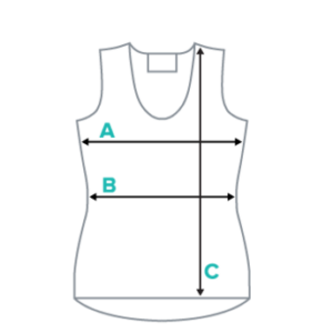 Sleeveless garment size guide diagram with labeled points A, B, and C showing key measurement locations on a simple outline.