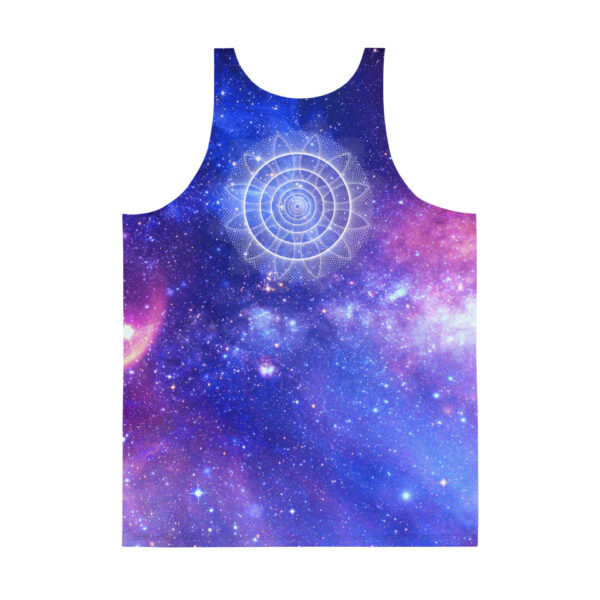 Peace in Motion sacred geometry galaxy tank top graphic with a starry blue and purple field, luminous circular geometry, calm clarity.