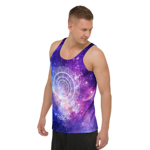 A model wears the Peace in Motion sacred geometry galaxy tank top, with a white peace symbol over a cosmic purple design and starry pattern.