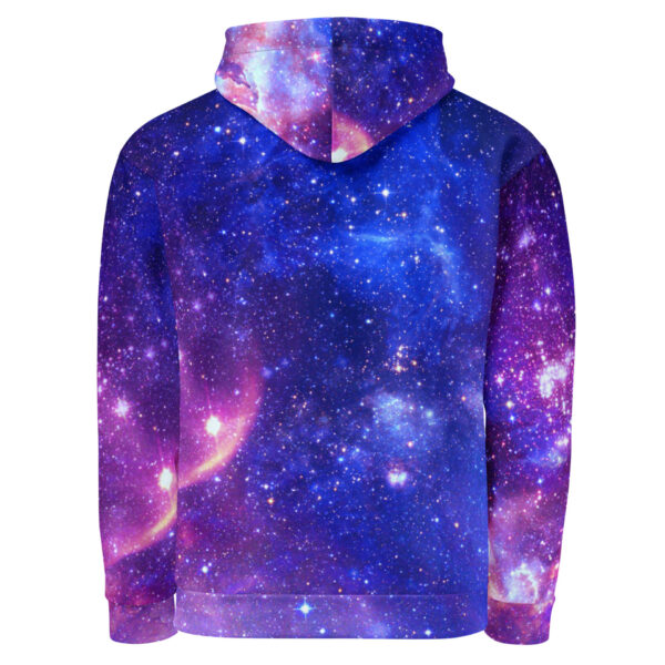 Peace in Motion sacred geometry galaxy hoodie back with a starry purple-blue galaxy field, cosmic light and calming harmony code.
