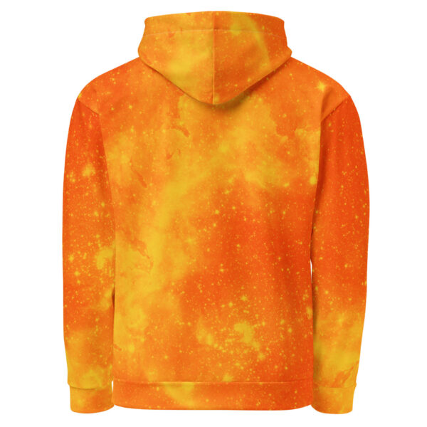 Back view of the Shift in Motion Sacred Geometry Fire Galaxy hoodie in warm orange-yellow starlight, with fiery galaxy tones.