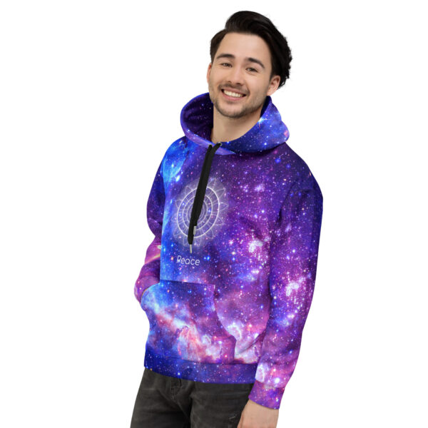 Peace in Motion Sacred Geometry Galaxy Hoodie with a Peace sign and galaxy print in purple and blue, blending stillness, trust, harmony, and inner clarity.