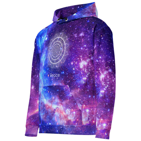 Peace in Motion sacred geometry galaxy hoodie in purple and blue with a glowing Peace symbol and starfield pattern across the fabric.