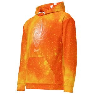 Orange and fiery galaxy hoodie with sacred geometry design and the word “Shift,” from Sacred Signs, in warm starlight tones all over.