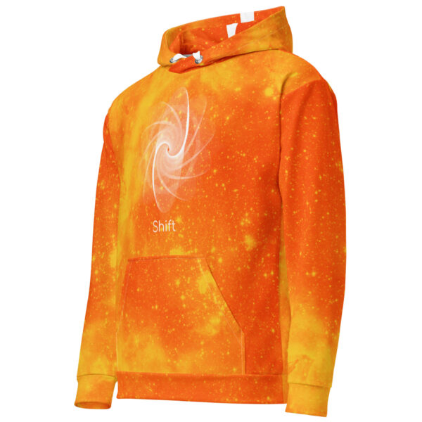 Orange and fiery galaxy hoodie with sacred geometry design and the word “Shift,” from Sacred Signs, in warm starlight tones all over.