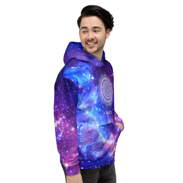 Blue-purple galaxy hoodie with sacred geometry peace symbol from Peace in Motion, blending stars, cosmic color, and a calm centered design.