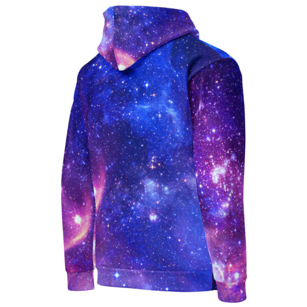 Peace in Motion galaxy hoodie in blue-purple starry space, with sacred geometry centered in a living field of color and stars