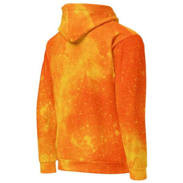 Orange and yellow galaxy-like Shift hoodie with sacred geometry fire energy, wrapped in warm starlight hues.