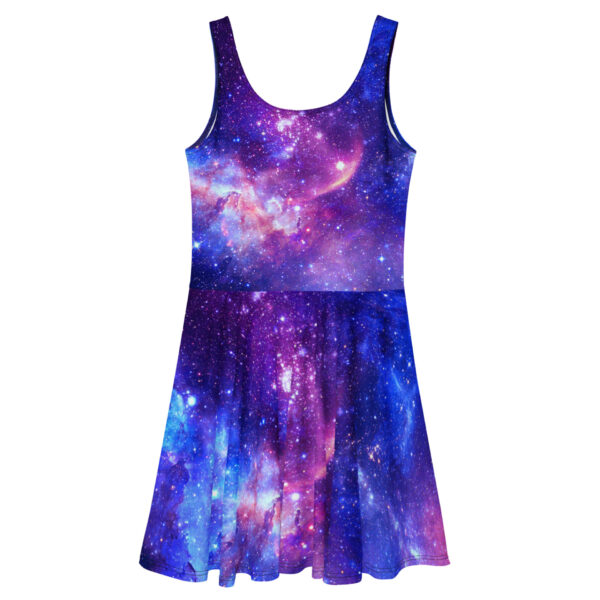 Peace in Motion skater dress in a purple-blue galaxy field with sacred geometry energy and the sacred sign of peace motif.