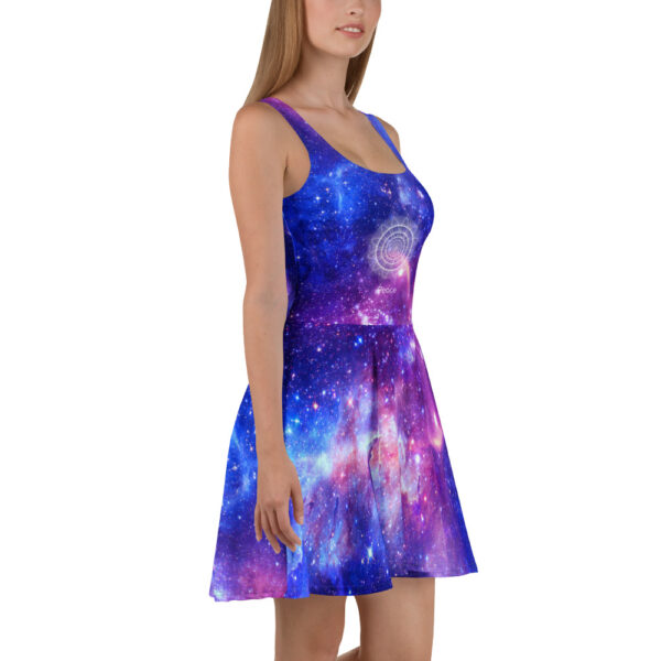Peace in Motion Sacred Geometry Galaxy Skater Dress with a cosmic blue and purple print, featuring the sacred sign of peace and a flowing flared shape.