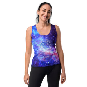 Galaxy tank top in purple-blue with sacred geometry Peace sign and starry field, bringing stillness, trust, and harmony in motion.