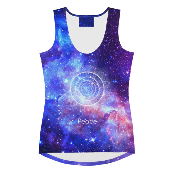 Peace in Motion sacred geometry galaxy tank top in blue-purple galaxy stars with the word Peace and a circular sacred sign pattern.