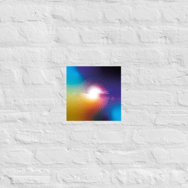 Presence in Stillness sacred geometry matte poster with a glowing white center, circular sunburst lines, and a rainbow gradient aura.