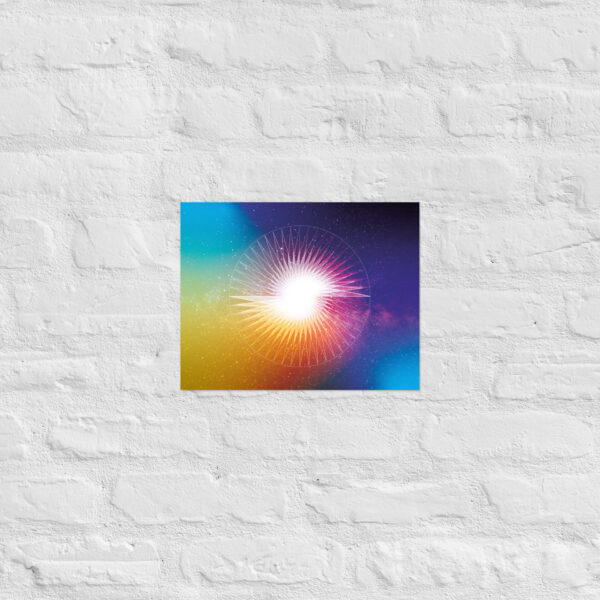 Presence in Stillness sacred geometry poster with a rainbow gradient background, glowing center, and precise circular radiating lines on matte paper.