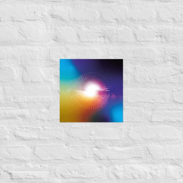 Presence in Stillness sacred geometry poster with circular sunburst lines and a rainbow gradient halo, printed on thick matte paper.