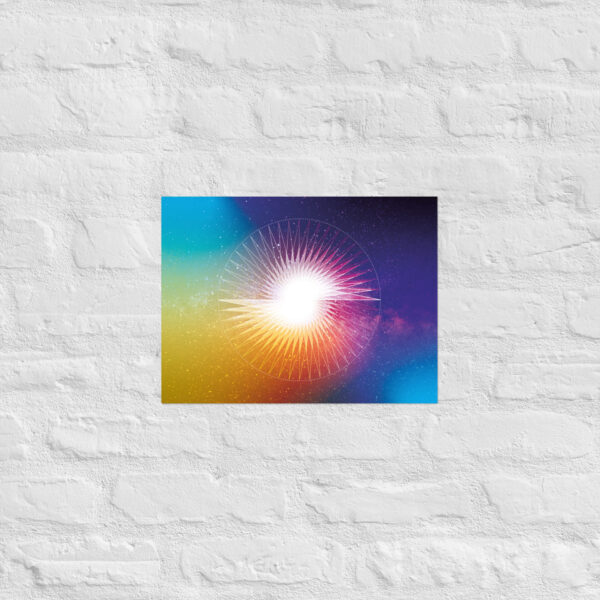 Presence in Stillness sacred geometry poster with a circular radiating design, multicolor gradient blues and purples, and a soft matte finish.