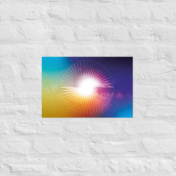Presence in Stillness sacred geometry poster with a radiant circular mandala, soft rainbow gradient rays, and bright center on matte paper, 12x18