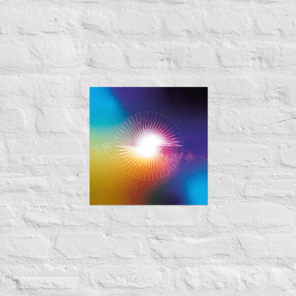 Presence in Stillness sacred geometry matte poster with a luminous circular symbol, fine radial lines, and a blue-purple-pink gradient center glow.