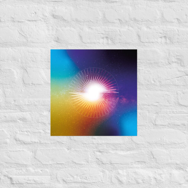 Presence in Stillness sacred geometry poster with a luminous circular sunburst, rainbow gradient, and precise radial lines on matte-style artwork.