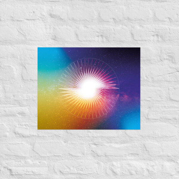 Presence in Stillness poster with sacred geometry, a radiant circle and fine starburst lines in a blue-purple gradient on matte paper texture.