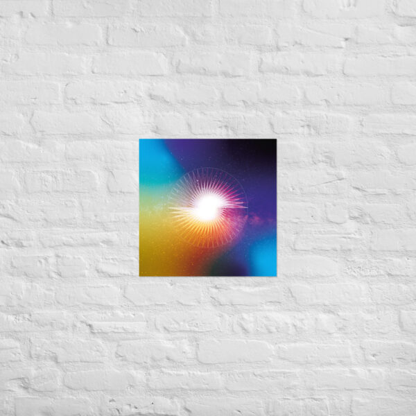 Presence in Stillness sacred geometry matte poster, 18x18 square, with a glowing circular wheel and soft color gradient on matte paper.