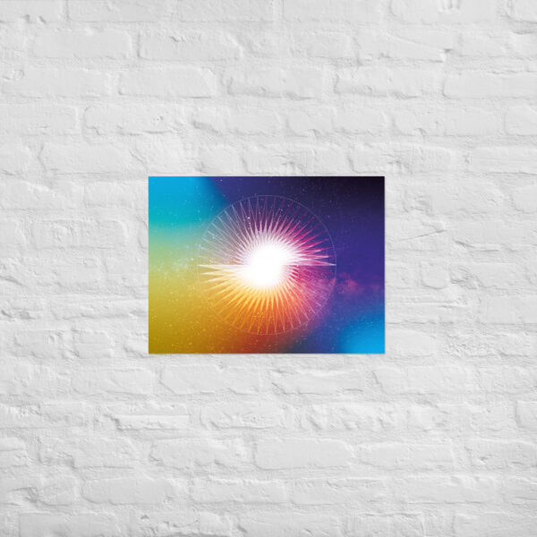 Presence in Stillness sacred geometry poster with a radiant sunburst circle in rainbow gradient hues, set on a soft matte background.