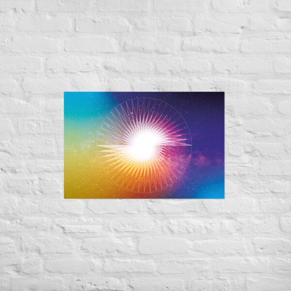 Presence in Stillness - Sacred Geometry Matte Poster with a luminous circular geometry mandala, subtle white rays, and rainbow gradient colors.