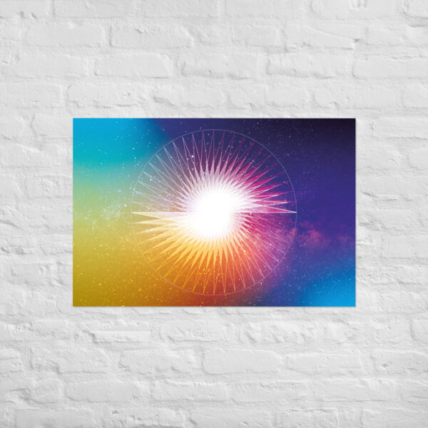 Presence in Stillness sacred geometry poster with a rainbow gradient circular design and radiant rays, printed on thick matte paper.