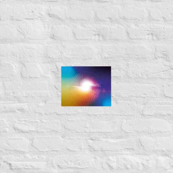 Presence in Stillness sacred geometry poster with a bright central circle and radiating rays, in a calm rainbow gradient palette.