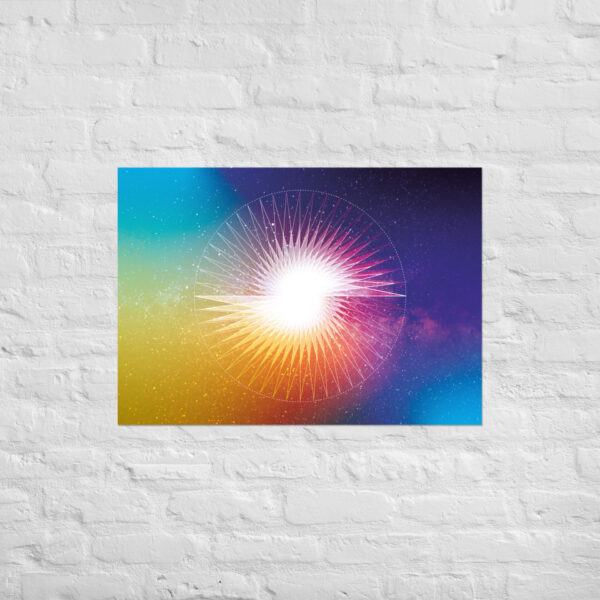 Presence in Stillness sacred geometry artwork with a radiant circular pattern in soft color gradient, calm starburst lines, matte finish.