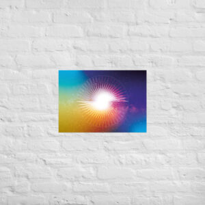 Presence in Stillness sacred geometry matte poster with a radiant circle and sunburst lines in a blue-purple-pink gradient, A2 16.5x23.3