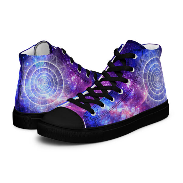 Peace in Motion high-top canvas shoes with black laces and galaxy print sacred geometry circles in blue and purple for a moving sign of peace.