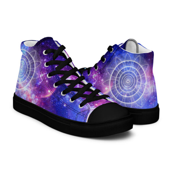 Peace in Motion high-top canvas shoes in black with galaxy sacred geometry circles and a bold peace sign energy field pattern.