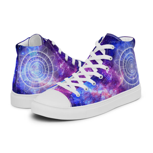 Peace in Motion high top canvas shoes with sacred geometry galaxy print in deep blue and purple, white laces and bold inner peace design.