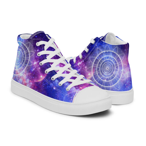 White high-top canvas shoes with galaxy sacred geometry, carrying the Sacred Sign of Peace—stillness, trust, harmony, and inner clarity.