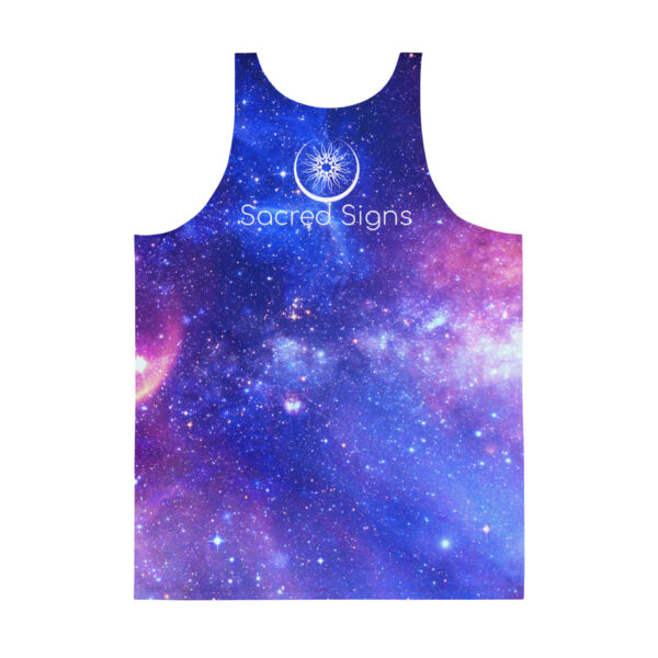 Peace in Motion Sacred Geometry Galaxy Tank Top in a blue and purple galaxy print, with the Sacred Sign of Peace and Sacred Signs logo.