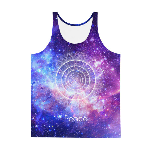 Purple and blue galaxy tank top with a Sacred Geometry peace design and the word Peace, blending stars, concentric circles, and cosmic color.