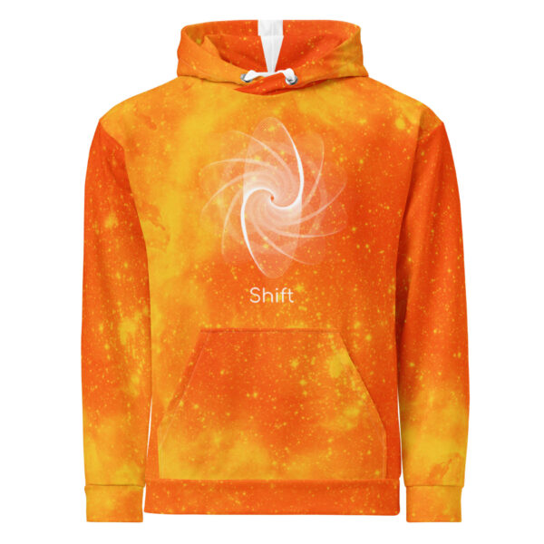 Orange-gold Shift hoodie with sacred geometry fire galaxy artwork, fiery starlight glow and warm star speckling, clean white “Shift” text.