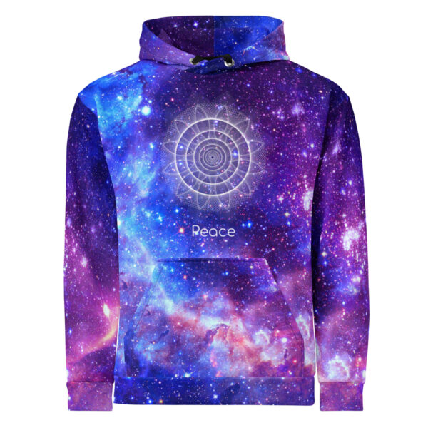 Peace in Motion sacred geometry galaxy hoodie in vivid purple and blue with starfield dots, centered circle design, and the word “Peace”.