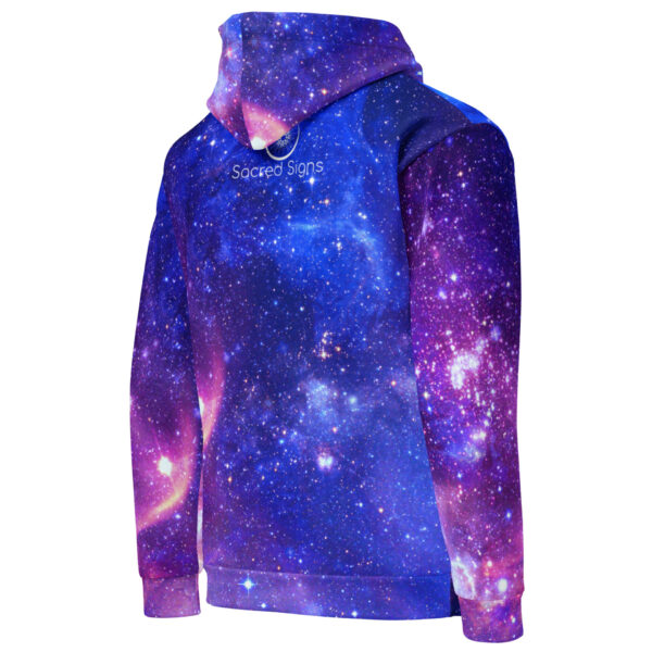 Peace in Motion - Sacred Geometry Galaxy Hoodie with a starry blue-purple galaxy and the Peace Sign, plus Sacred Signs text on the back.