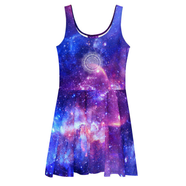 Peace in Motion Sacred Geometry Galaxy Skater Dress with a cosmic blue and purple all-over print, a Peace symbol, and a flared skater shape.